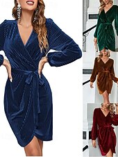 preiswerte abendkleider-Damen Minikleid Samtkleid Partykleid Elegant Modern Party Abendgesellschaft Ferien Normale Passform Einfach Langarm V Ausschnitt Wein Dunkelgrün Braun Herbst Winter