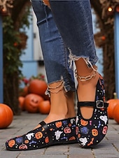abordables Pour les femmes-Ballerines Mary Jane pour femme, style Halloween – Chaussures vintage à imprimé fantômes et citrouilles avec bride à boucle pour soirée costumée, collecte de bonbons et tenue décontractée