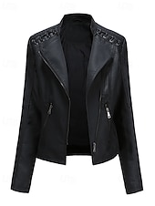 economico Pellicce &amp; Pelli-Per donna Giacca in Ecopelle Confortevole Cerniera Tasca Casual Semplice Vacanza Abbigliamento quotidiano Uscire Weekend Regolare Collo ripiegato Vestibilità regolare Manica Lunga Capispalla Nero