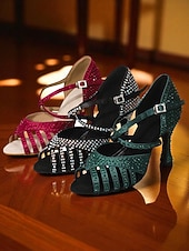 voordelige Latin dansschoenen-Groene danshakken met strass-bandjes voor dames - glinsterende sandalen in Gatsby-stijl voor balzalen en feestjes