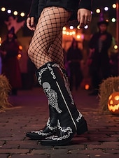 お買い得  女性向け-女性用ハロウィンスケルトン刺繍カウボーイブーツ - コスチュームパーティー、不気味なフェスティバル、夜のストリートスタイルに最適なゴシックウエスタンロングブーツ