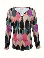 Недорогие Бохо футболка-Женская футболка с короткой молнией на груди длинный рукав повседневная графическая tribal винтажная бохо тропическая гавайская V-образный вырез обычные топы для повседневной носки черная весна осень