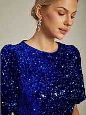 cheap Plain Dress-Women&#039;s Sequins Maxi Dress Sheath Dress A Line Dress Puff Sleeve Dress Party Birthday Party Regular Fit Solid Color Short Sleeve Crew Neck Royal Blue Spring Fall Winter