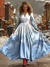 abordables Robes de Noël-Noël Femmes Robe maxi Robe Plissée Fête Occasionnel Boho Quotidien Date Sortir Coupe régulière Motif de flocon de neige manche longue Col en V Rouge Bleu Automne Hiver