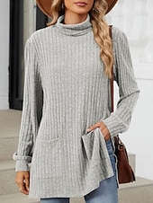billiga Kvinnors Enfärgade Toppar-Dam Blus Ensfärgat Stylish Ledigt Långärmad Hög hals Långa toppar Dagligen Ficka Svart Rubinrött Blå Kaki Grå Vår Höst Vinter