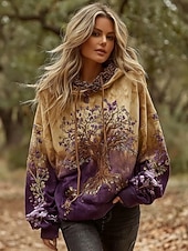 女性用 プルオーバー フーディー スウェットシャツ フラワー グラフィック エレガント あたたか 活発的 長袖 フード付き レギュラートップス ストリート 日常着 カジュアル パッチワーク プリント イエロー ピンク ブルー ライトパープル パープル 春 秋 冬 お買い得  フローラルトップス-女性用 プルオーバー フーディー スウェットシャツ フラワー グラフィック エレガント あたたか 活発的 長袖 フード付き レギュラートップス ストリート 日常着 カジュアル パッチワーク プリント イエロー ピンク ブルー ライトパープル パープル 春 秋 冬