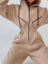 olcso nyaralás jumpsuit-Női Szabályos Jumpsuitek Utcai sikk Színes Hosszú ujj Kapucni Kollázs Cipzár Utca Napi Normál Fehér Arcpír rózsaszín Medence Ősz