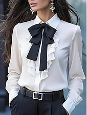 billiga Dressiga toppar-Dam Elegant Satin Blus Slät Elegant Långärmad Tröjkrage Vanliga toppar Dagligen Volang Rosett Svart Vit Rubinrött Grå Höst