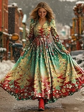 Christmas Women's Maxi Dress Pleated Dress Party Casual Boho Daily Date Going out Regular Fit Christmas Tree Long Sleeve V Neck Burgundy Green Fall Winter4