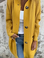 preiswerte Offene Frontstrickjacke-Damen Pullover Strickjacke Streetwear Lässig Einfarbig Mit Kapuze Tasche Knöpfe Gestrickt Langarm Lange Oberteile Stricken Täglich Ausgehen Wochenende Schwarz Gelb Herbst Winter