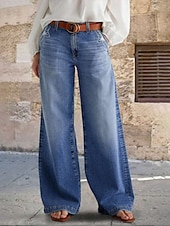 economico gamba larga e vita alta-Per donna Jeans Gamba larga Moda Streetwear Casual Lunghezza intera Vita media Semplice Tasca Confortevole Micro-elastico All&#039;aperto Vacanza Streetwear Blu Primavera Autunno Vestibilità comoda