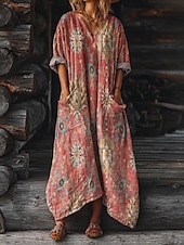 halpa Boho-mekot-Naisten Maksimekko A linjainen mekko Loma Vapaa-aika Päivittäin Normaali Loose Fit Kukka Kuvitettu Pitkähihainen V kaula-aukko Punastuvan vaaleanpunainen Tumma vaaleanpunainen Rubiini Sininen Kes