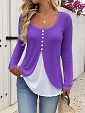 Χαμηλού Κόστους Απλή μπλούζα-Γυναικεία Μπλουζάκι Κουμπιά Στάμπα Σε επίπεδα Συμπαγές Χρώμα Συνδυασμός Χρωμάτων Σκέτο Βίντατζ Στυλάτο Κλασσικό Μακρυμάνικο Στρογγυλή Ψηλή Λαιμόκοψη Κανονικά μπλουζάκια Καθημερινά Μαύρο και Άσπρο