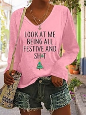 abordables Hauts de Noël-Noël Femmes T-shirt Graphique Arbre de Noël Lettre ancien Élégant Classique manche longue Col en V Hauts Réguliers Quotidien Imprimé Noir Blanche Rose Claire Rouge Vert Printemps Automne Hiver