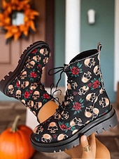 レディースハロウィンスカルプリントコンバットブーツ - ゴシックフェスティバルやコスプレパーティーにぴったりのバラ柄レースアップチャンキーソールアンクルブーツ お買い得  女性向け-レディースハロウィンスカルプリントコンバットブーツ - ゴシックフェスティバルやコスプレパーティーにぴったりのバラ柄レースアップチャンキーソールアンクルブーツ