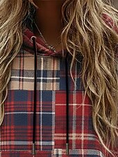 tanie Paski i geometryczne bluzy z kapturem-Damskie Pullover Z kapturem Kratka Moda Moda miejska Codzienny Długi rękaw Kaptur Zwykłe topy Na co dzień Codzienny Sport Ściągana na sznurek Kieszeń Nadruk Czerwony Wiosna Jesień