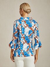 baratos camisas, tops e blusas-blusa feminina chiffon romano torcido emendado estampa floral azul gola barco manga três quartos curta