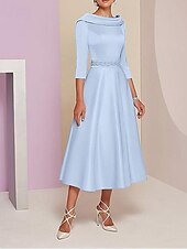 A-Line Dress Mother of the Bride Dress Elegant Vintage Bateau Neck Tea Length Satin 3/4 Length Sleeve with Beading Race Day Dress 13