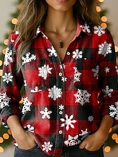 economico Camicette e camicie natalizie-Natale Per donna Camicia Grafico Plaid Fiocco di neve Elegante Vintage Tropicale Manica Lunga Colletto a Camicia Top Regolari Quotidiano Ferie Tasca Bottoni Stampato Rosa Rosso Blu Verde Primavera