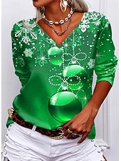 abordables Hauts de Noël-Noël Femmes T-shirt Graphique Noël ancien Élégant Classique manche longue Col en V Hauts Réguliers Quotidien Imprimé Rouge Bleu Violet Vert Gris Printemps Automne Hiver