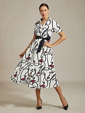 billiga Blommiga klänningar-dam maxiklänningskjorta abstrakt ansiktskonst kortärmad avslappnad semester vår sommar