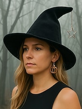 levne Halloweenské doplňky-Dámský halloweenský čarodějnický klobouk – sametový špičatý čarodějnický klobouk s hvězdným přívěskem na kostýmní párty, cosplay a festival