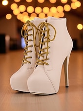 baratos Festa da Vida Noturna-Botas femininas plataforma de couro sintético bege com cadarço - sapatos de festa com salto alto e salto agulha para vida noturna e balada