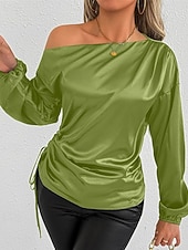 baratos Blusas Elegantes-Mulheres Camisa Social Elegant Elegante Top de cetim Assimétrico Tecido à moda Casual Manga Longa ombro frio Tops regulares Diário Para Noite Preto Verde Primavera Outono