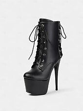baratos Botas com salto-Botas femininas pretas de couro sintético com cadarço e plataforma - botas curtas sensuais de salto agulha alto para a vida noturna &amp;pole dance