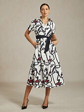 billiga Blommiga klänningar-dam maxiklänningskjorta abstrakt ansiktskonst kortärmad avslappnad semester vår sommar