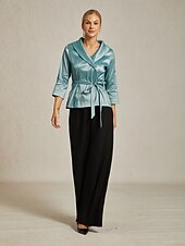 cheap Dressy Tops-Women&#039;s Blouse Evening Tops Elegant Metallic Stylish 3/4 Length Sleeve V Neck Regular Tops Wedding Guest Evening Party Semi Formal Tie Front Dusty Blue Spring, Fall, Winter, Summer