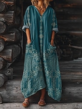 halpa Boho-mekot-Naisten Maksimekko A linjainen mekko Loma Vapaa-aika Päivittäin Normaali Loose Fit Kukka Kuvitettu Pitkähihainen V kaula-aukko Punastuvan vaaleanpunainen Tumma vaaleanpunainen Rubiini Sininen Kes