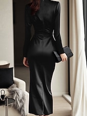 preiswerte abendkleider-Damen Midikleid Partykleid Cocktailkleid Satinkleid Elegant Modern Party Abendgesellschaft Normale Passform Einfach Langarm V Ausschnitt Schwarz Wein Herbst Winter