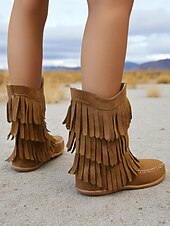 levne Cowboy &amp; Western Boots-Dámské mokasíny s třásněmi do půli lýtek a prošívanými detaily, ležérní westernový styl pro outdoorové a festivalové nošení