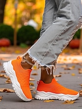 cheap Women's Sneakers-Women's Orange Slip-On Flyknit Sneakers – Breathable Mesh Lightweight Walking Shoes with Chunky Sole for Casual and Sport