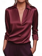 cheap Plain Blouses-Women's Satin Shirt Dress Shirt Blouse Solid Color Elegant Stylish Basic Long Sleeve Turndown V Neck Regular Tops Daily Work Party Blue Black White Wine Green Summer Spring Fall