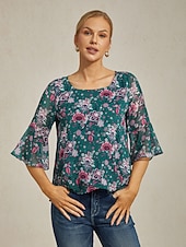 economico camicie, top e camicette-Femminile Floreale Casuale Verde Stampa Manica 3/4 Elegante Il giro Estate Primavera Autunno