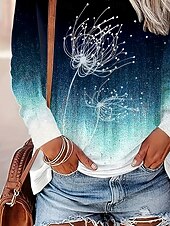 abordables T-shirt Art &amp; Design-Femmes T-shirt A Ombre Graphique Plantes ancien Élégant Classique manche longue Col ras du cou Col rond Hauts Réguliers Quotidien Imprimé Bleu Printemps Automne Hiver