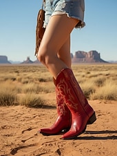 levne Cowboy &amp; Western Boots-Dámské červené kožené kovbojské boty s vyšívaným westernovým vzorem - stylová městská módní obuv pro moderní outfity