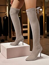 お買い得  ファッションブーツ-つま先が尖っていてスティレットヒールのある、女性用のグレーのスエードのオーバーニーファッションブーツ。パーティー、夜のお出かけ、秋冬のファッションにぴったりのエレガントなストレッチサイハイブーツ。