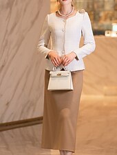 preiswerte Mamas Kleidersets-Zweiteilig A-Linie Kleid-Sets Brautmutterkleid Elegant Vintage Rundhalsausschnitt Tee-Länge Polyester Langarm mit Knöpfe