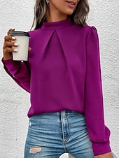 Χαμηλού Κόστους Επίσημες Μπλούζες-Γυναικεία Πουκάμισο Κομψή Φιλάρεσκος Σατέν Μπλούζα Συμπαγές Χρώμα Στυλάτο Καθημερινό Μακρυμάνικο Ζιβάγκο Κανονικά μπλουζάκια Καθημερινά Εξόδου Μαύρο Κίτρινο Πράσινο Ανοικτό Ρουμπίνι Βυσσινί