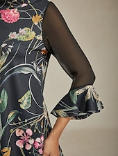 preiswerte Blusen-Damenbluse schwarz Blumendruck Stretch Chiffon Ärmel Bateau-Ausschnitt lässig täglich Frühling Sommer Herbst
