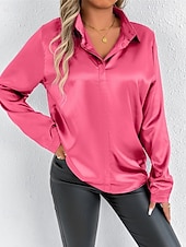 economico Top eleganti-Per donna Camicia Camicia in raso Tinta unica Elegante Casual Manica Lunga Colletto a Camicia Top Regolari Quotidiano Uscire Bottoni Rosa Viola Verde Primavera Autunno