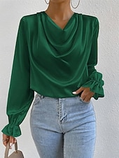 abordables Hauts habillés-Femmes Chemise Chemise en satin Uni Élégant Occasionnel manche longue Col Bénitier Hauts Réguliers Quotidien Sortir Drapé Noir Rose Claire Vert Abricot Printemps Automne