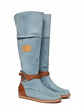 preiswerte Modische Stiefel-Kniehohe Stiefel aus Wildleder für Damen mit Keilabsatz und Schnallenriemen - Freizeitstiefel im Bohème-Stil in Jeansblau