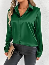 economico Top eleganti-Per donna Camicia Camicia in raso Tinta unica Elegante Casual Manica Lunga Colletto a Camicia Top Regolari Quotidiano Uscire Bottoni Rosa Viola Verde Primavera Autunno