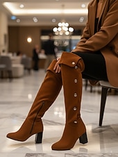 economico Stivali alla moda-stivali sopra il ginocchio da donna in pelle scamosciata bordeaux con tacco a blocco e bottoni decorativi - versatili per l'autunno &amp;calzature invernali alla moda per look streetwear e serali alla