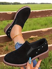 economico Scarpe oxford da donna-scarpe slip-on da donna marrone chiaro con dettagli borchiati, scarpe casual in stile retrò con tacco basso per l'uso quotidiano