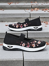 economico Sneakers da donna-sneakers da donna modello Mary Jane in Flyknit viola con ricami floreali, scarpe leggere e traspiranti per camminare e per outfit casual